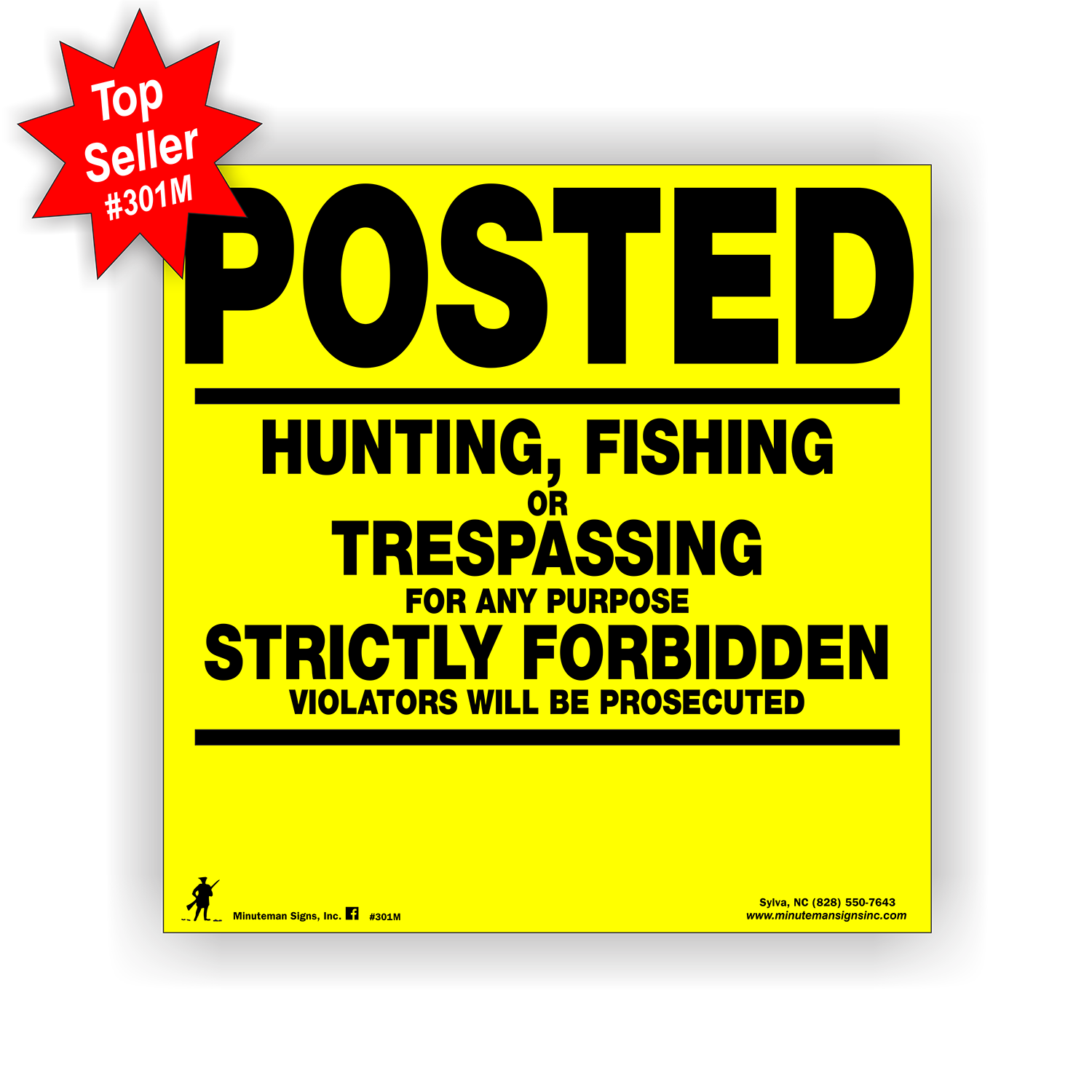 minuteman-posted-hunting-original-301M-top-seller-badge-yellow-sign Posted Hunting, Fishing or Trespassing Yellow ALUMINUM sign - Image 1