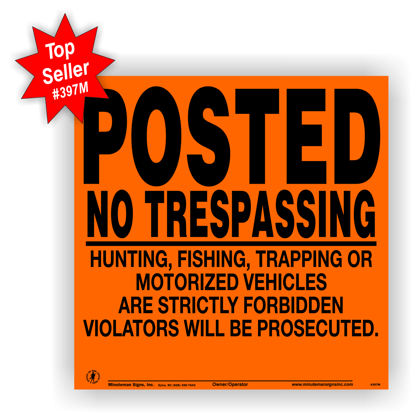 no-trespassing-hunting-fishing-motorized-vehicles-397M-top-seller-badge Posted No Trespassing Hunting Fishing Trapping Motorized Vehicles Sign ALUMINUM Sign - Image 1