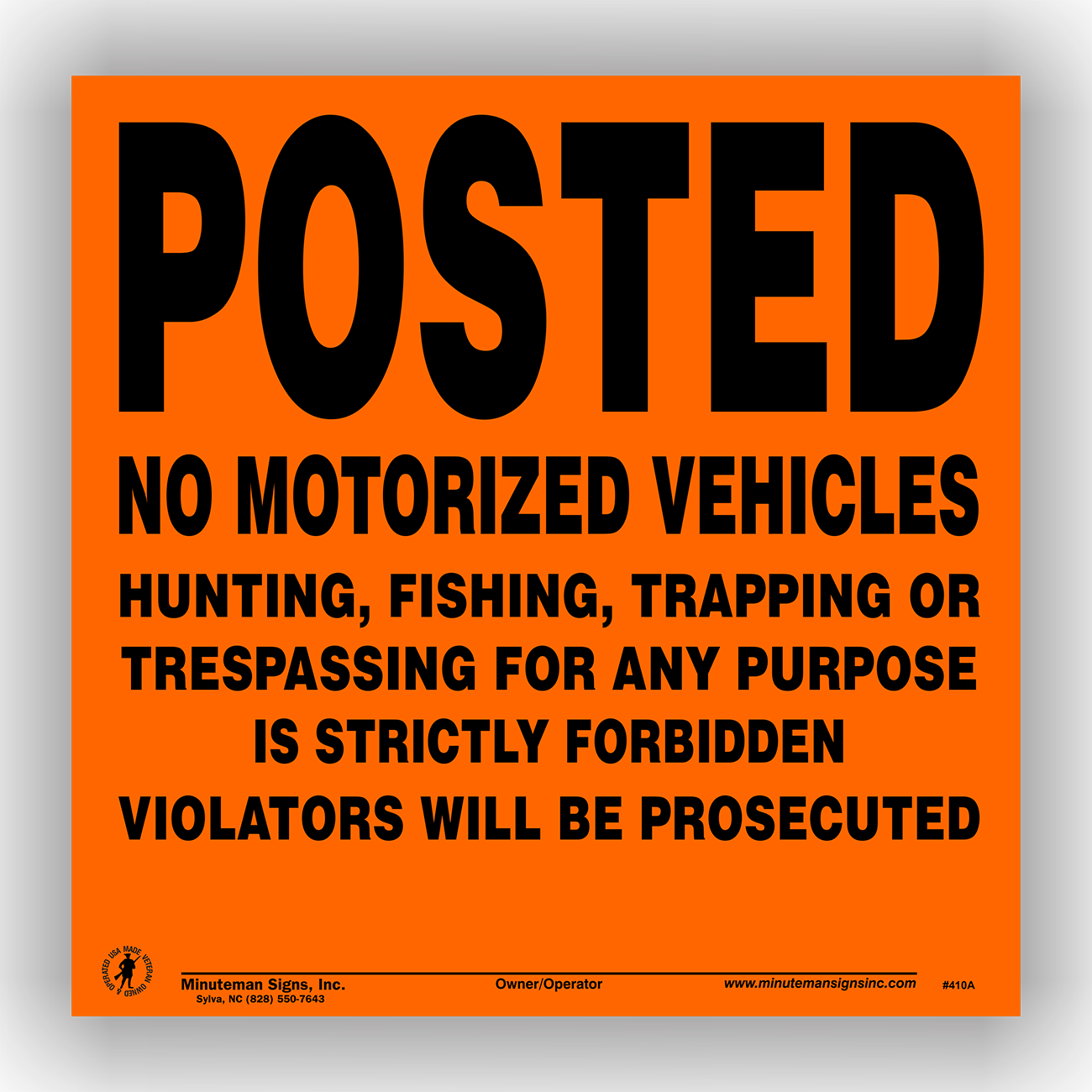 posted-no-trespassing-motorized-vehicles-orange-aluminum-1.png Posted No Motorized Vehicles Hunting Fishing Trapping Or Trespassing Strictly Forbidden Aluminum Sign - Image 1